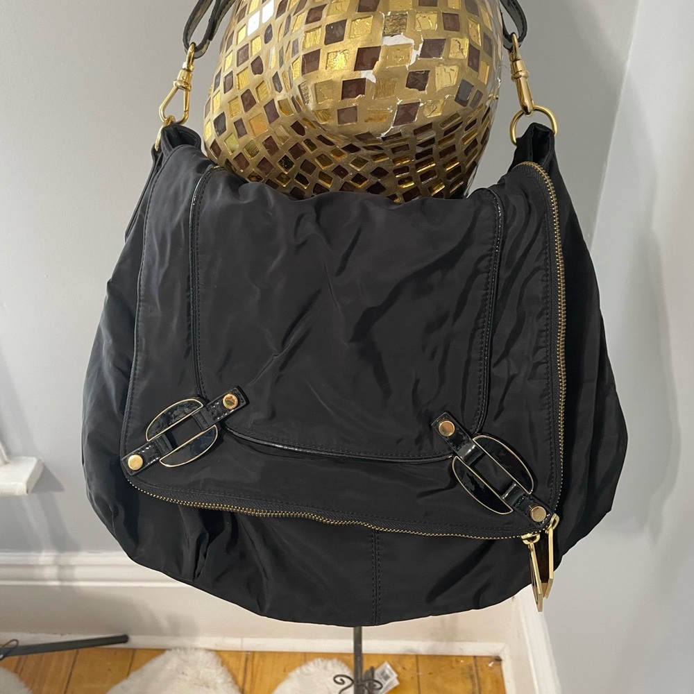 Treesje Black Nylon/Patent Leather Meridian Shoulder Bag